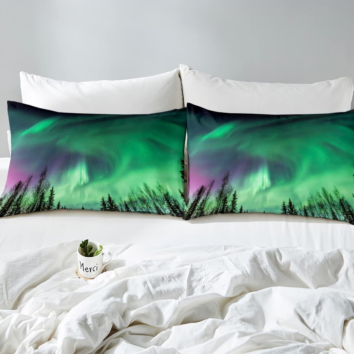 Juego de ropa de cama Aurora, juego de edredón verde con luces del norte, edredón de cielo estrellado y galaxia para niños y niñas, edredón de