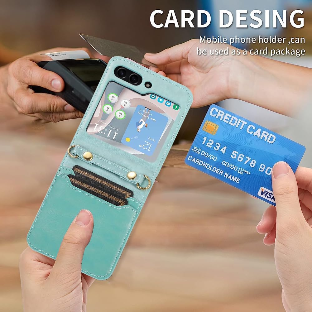 ZIYE Funda compatible con Samsung Galaxy Z Flip 5 con tarjetero y correa desmontable, cordón cruzado, de piel sintética, funda para teléfono para