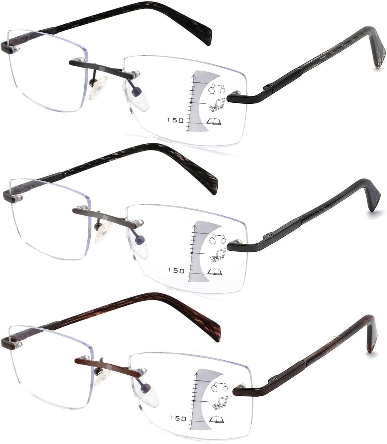 HIYANJN Gafas de lectura progresivas para hombre, marco sin marco, bloqueo de luz azul, multifocales, para computadora, bisagra de resorte, sin línea