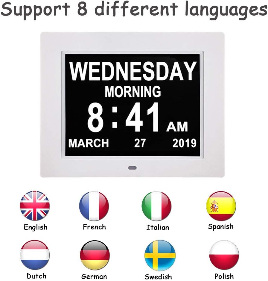 SSINI Reloj de demencia con calendario digital grande para personas mayores, reloj con día y fecha para ancianos, pantalla grande (8 pulgadas)