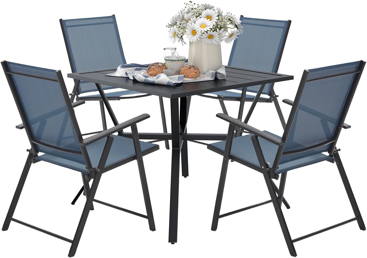 VICLLAX Juego de 5 sillas y mesa de comedor de patio, 4 sillas plegables reclinables para exteriores con reposabrazos y 1 mesa de comedor cuadrada