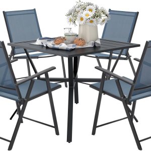 VICLLAX Juego de 5 sillas y mesa de comedor de patio, 4 sillas plegables reclinables para exteriores con reposabrazos y 1 mesa de comedor cuadrada VICLLAX Juego de 5 sillas y mesa de comedor de patio, 4 sillas plegables reclinables para exteriores con reposabrazos y 1 mesa de comedor cuadrada