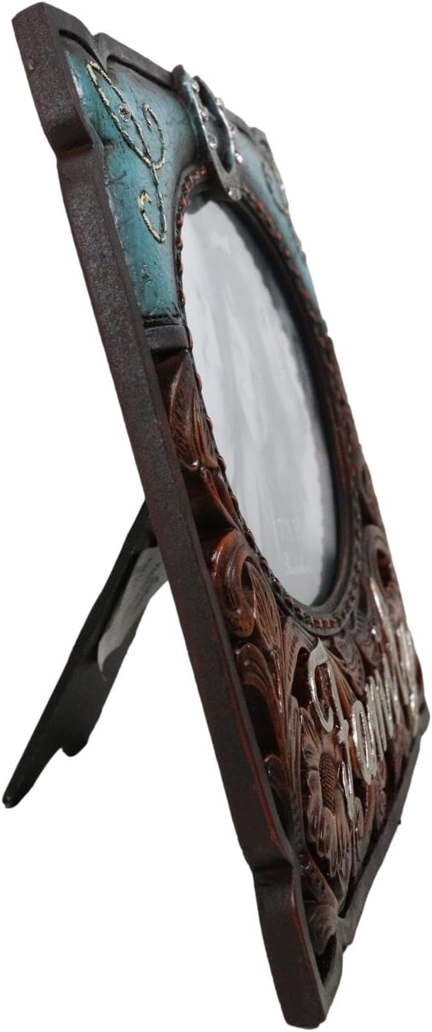 Ebros Gift Rustic Western Family – Marco de fotos de piel sintética turquesa y resina de madera tallada, 7 x 5 pulgadas, con caballete trasero,