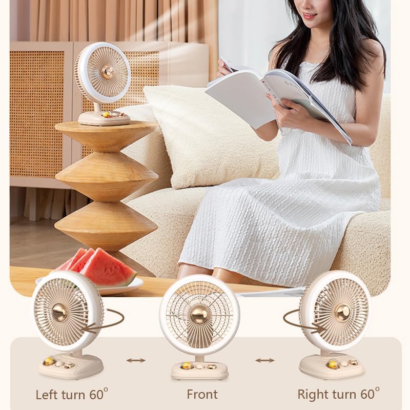 Ventilador de escritorio con luz LED, flujo de aire silencioso de velocidad variable, funciona con pilas recargables (beige)