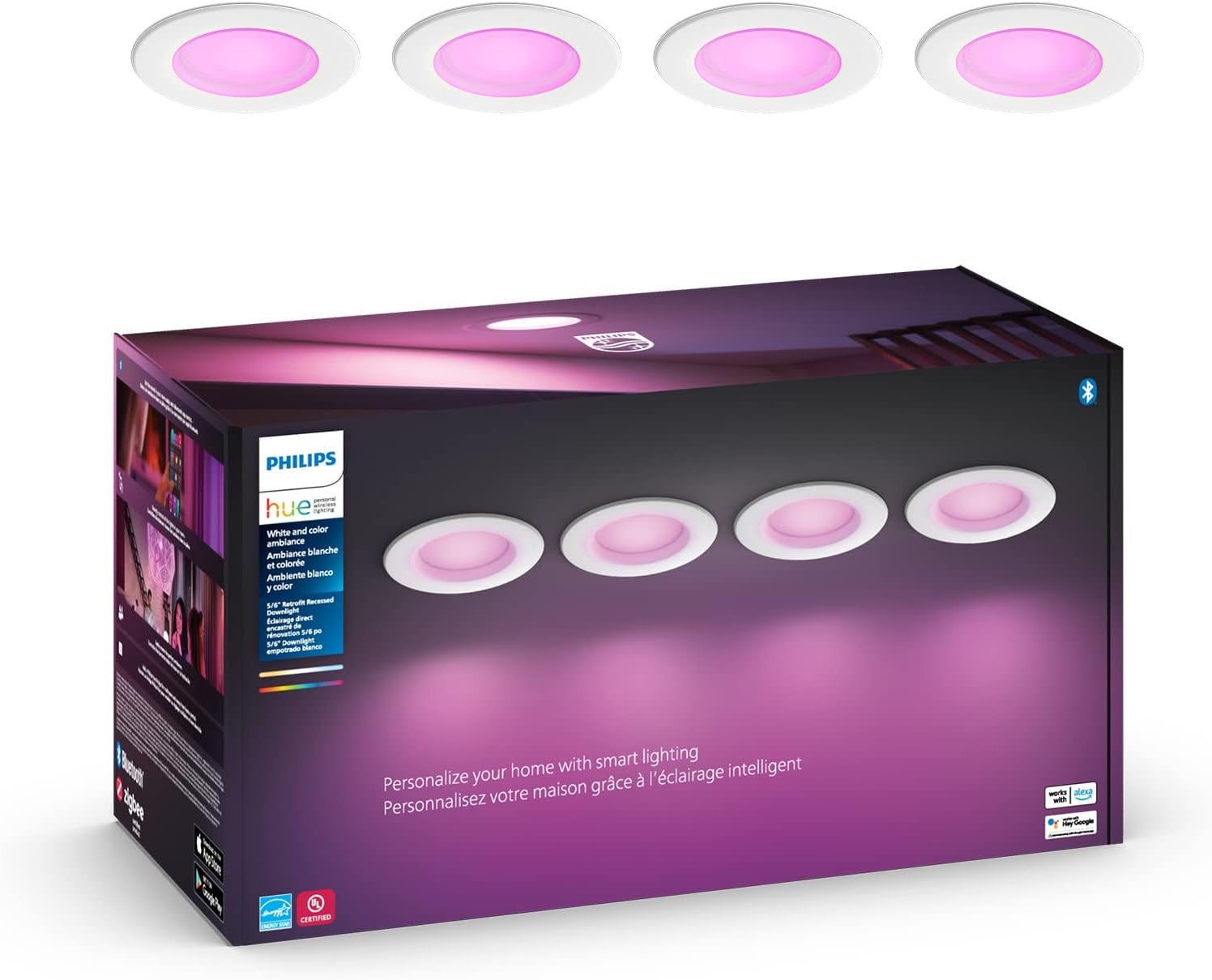 Philips Hue White and Color Ambiance – Focos empotrables inteligentes LED regulables extra brillantes (paquete de 4) y (1 unidad) compatibles con