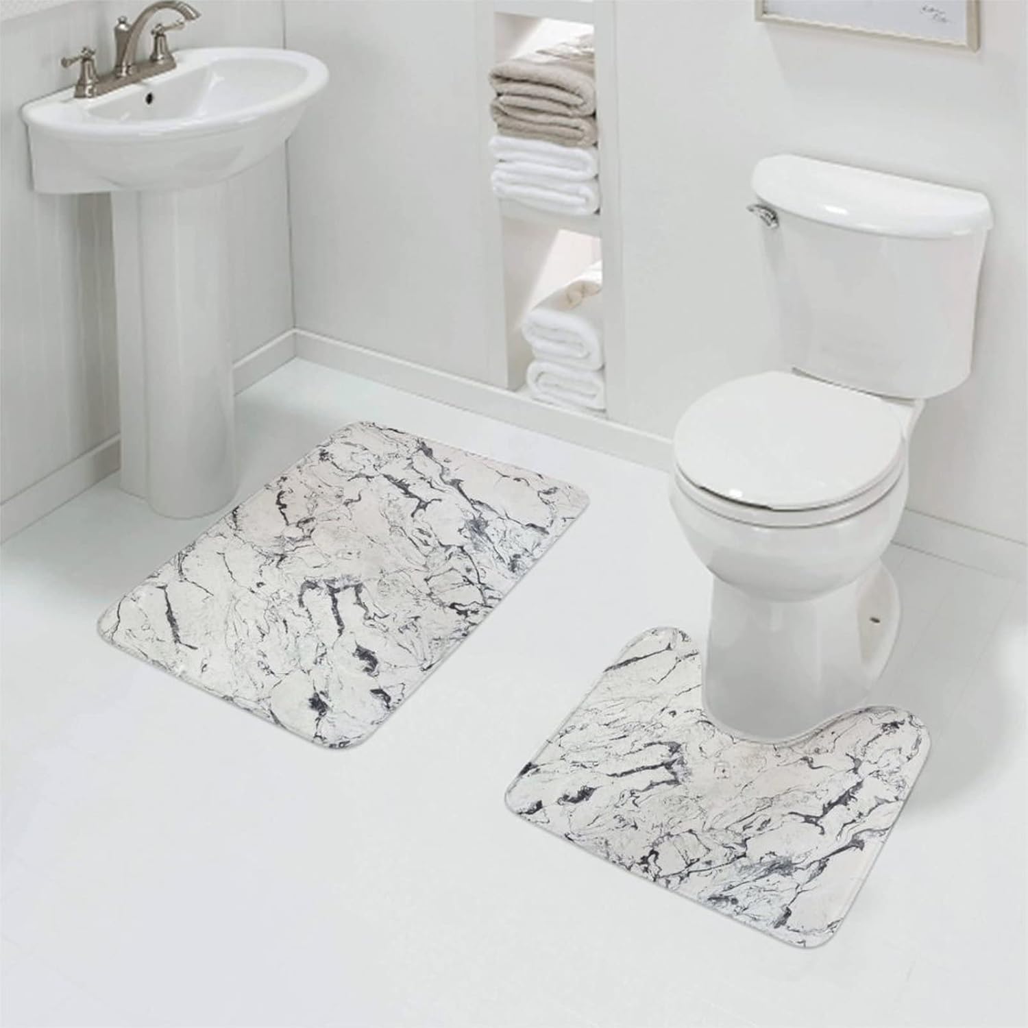 Juego de 2 alfombras de contorno de baño compatibles con textura de mármol blanco, tapete de ducha de espuma viscoelástica de franela y alfombra de
