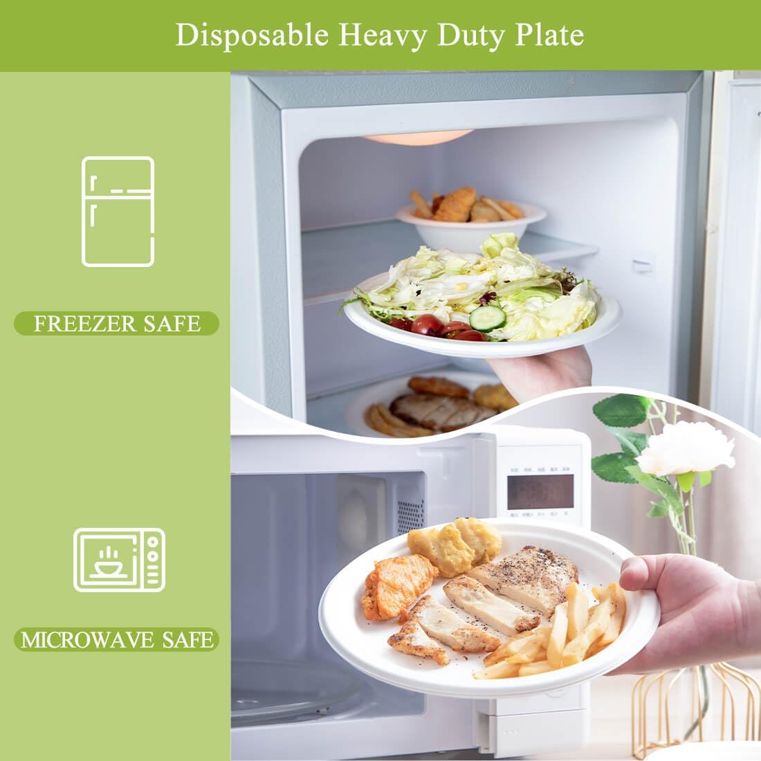 VIOBIO Platos de papel resistentes de 9 pulgadas, paquete de 125 platos de fiesta desechables compostables de bagazo blanco, ecológicos y