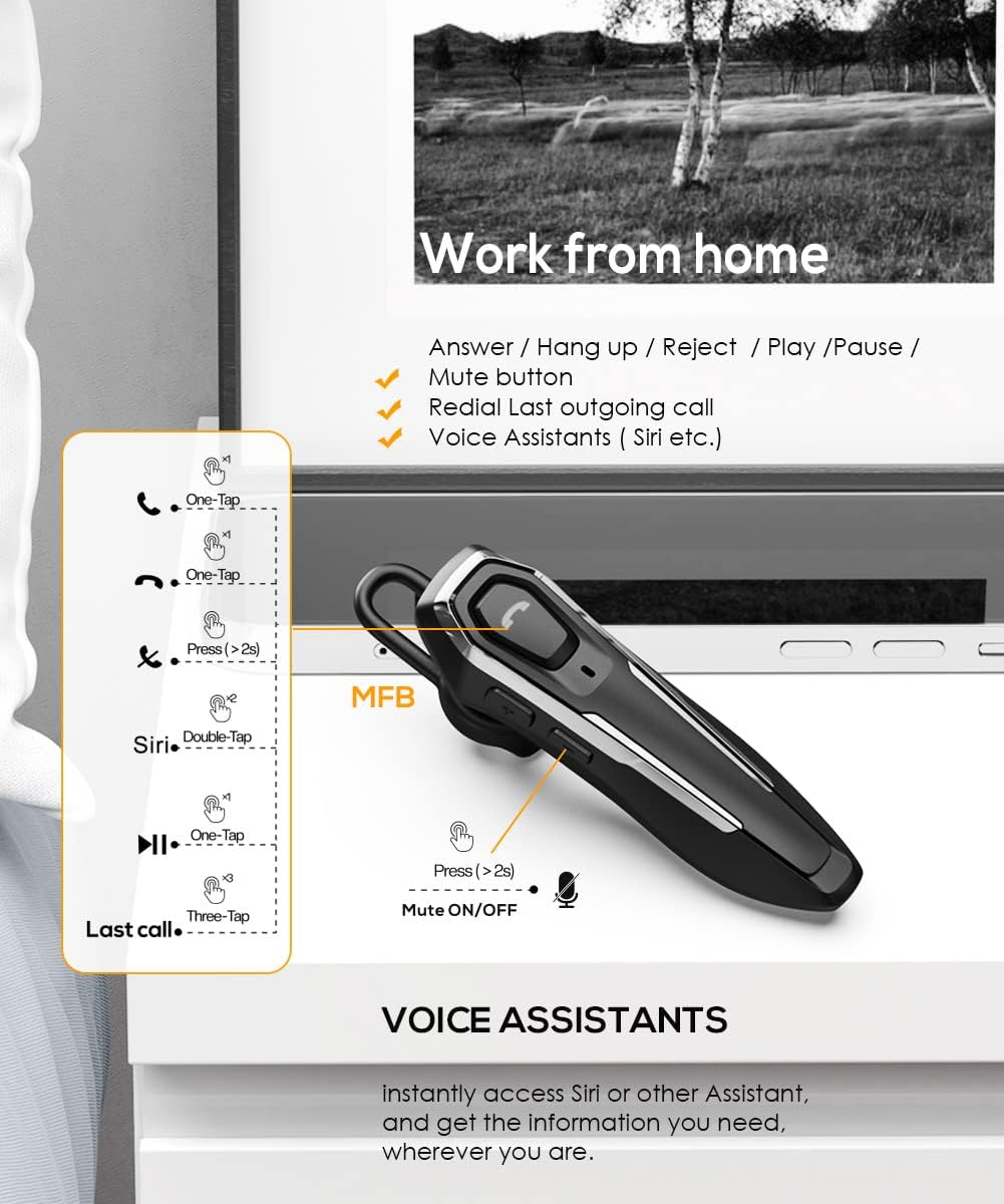 ZOUKAI Auriculares Bluetooth, cancelación de ruido con 2 micrófonos, 30 horas de tiempo de conversación, anuncia identificación de llamadas,