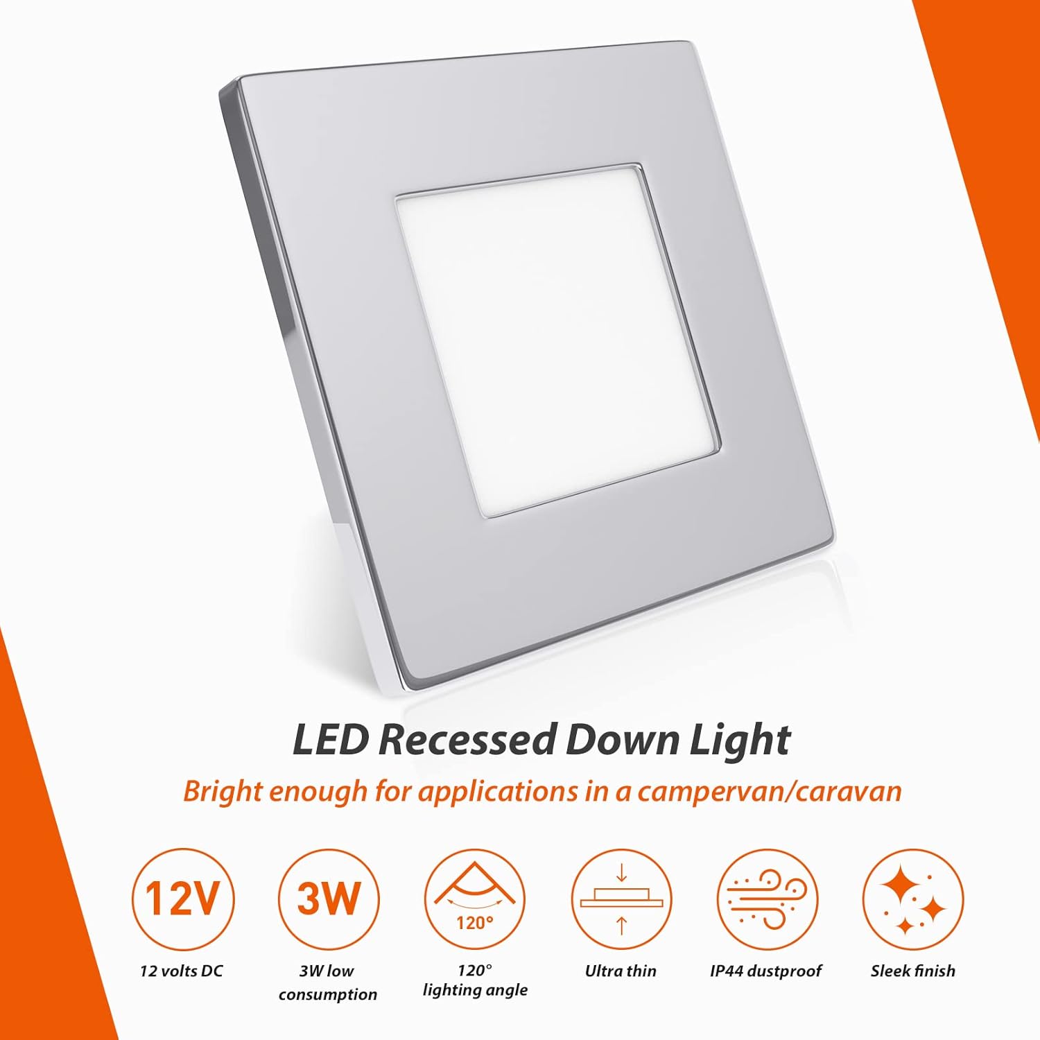 Dream lighting Luces LED empotrables cuadradas para caravana, remolque, cámper, iluminación interior de 12 voltios, 3.0 W, carcasa cromada, paquete