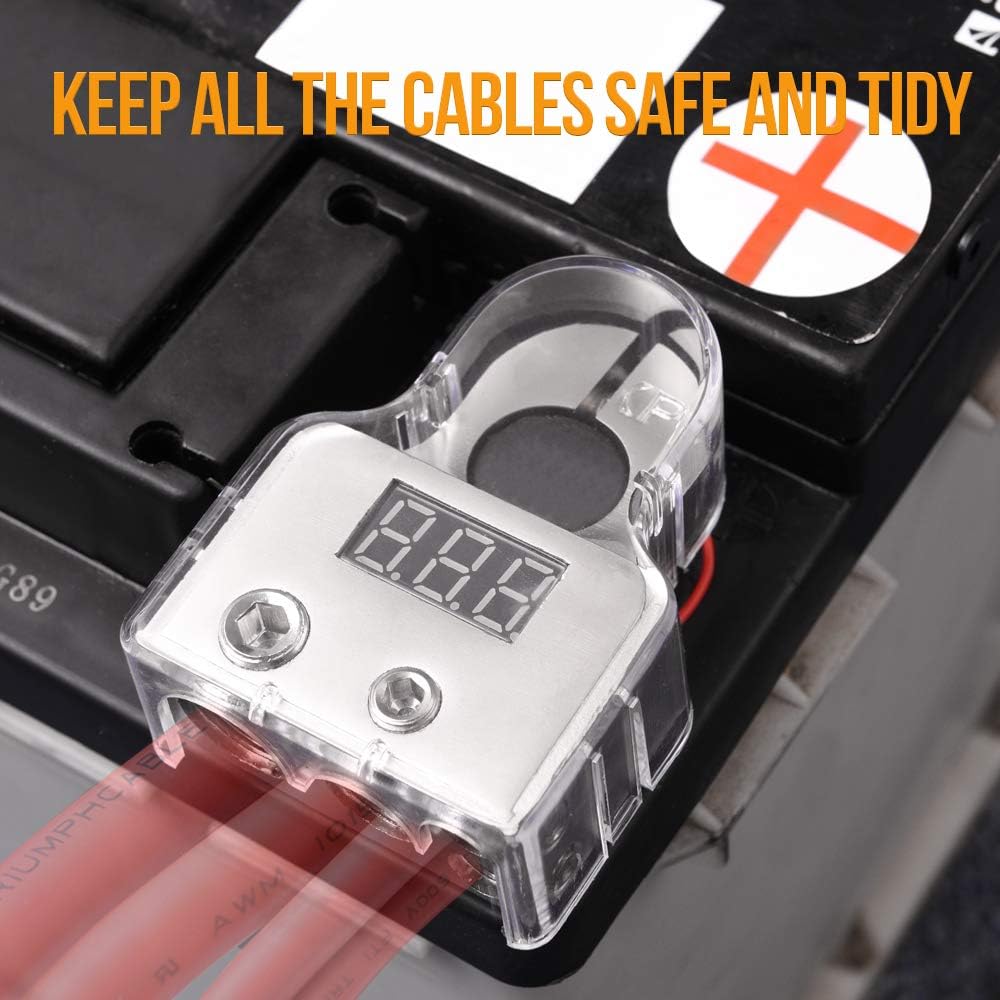 Conectores de terminal de batería de automóvil con voltímetro  048 AWG positivo negativo abrazadera de poste de batería y cuñas para automóvil,