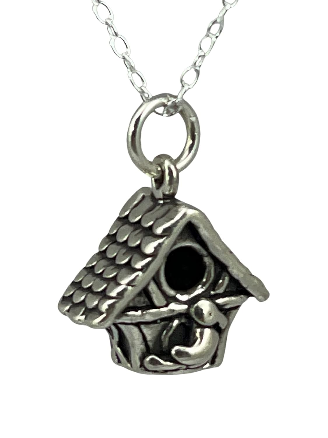 Sterling Silver Bird House Nest Home Nature 3D Charm Necklace, 18″