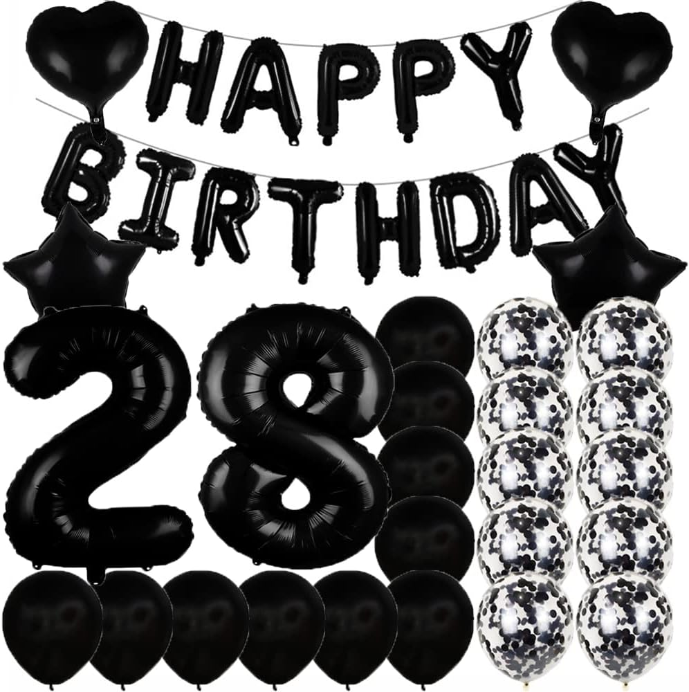 Decoraciones de cumpleaños número 28, suministros de fiesta, globos negros del número 28, globos de aluminio de Mylar de 28  decoración de globos de