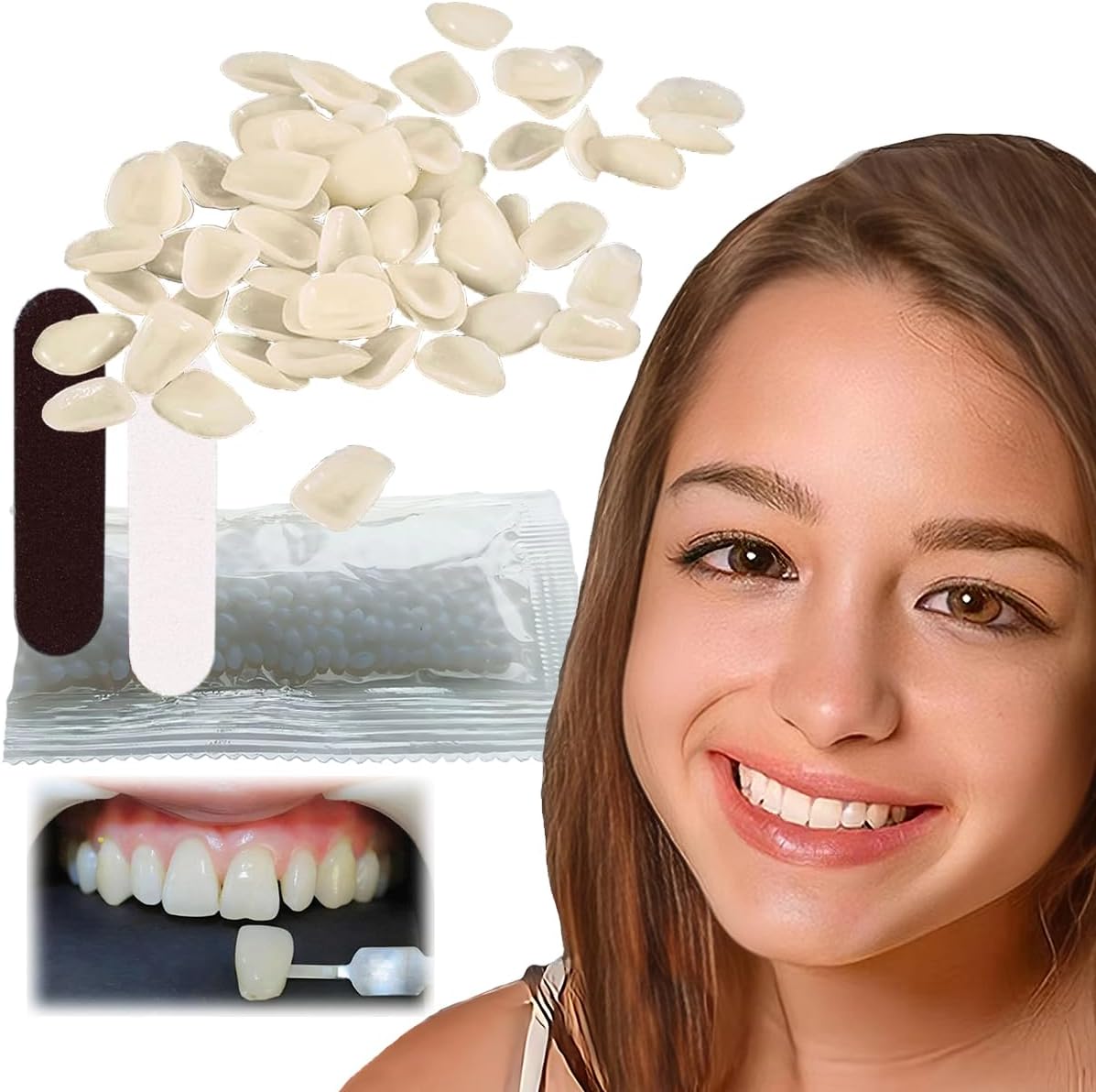 VEZE Kit de reparación de dientes, gránulos y dientes falsos para fijación temporal de dientes faltantes y rotos, dientes falsos moldeables y kit de