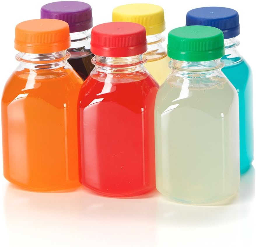 (6) Botellas cuadradas de plástico transparente de grado alimenticio de 8 onzas con 6 tapas a prueba de manipulaciones de diferentes colores, 6
