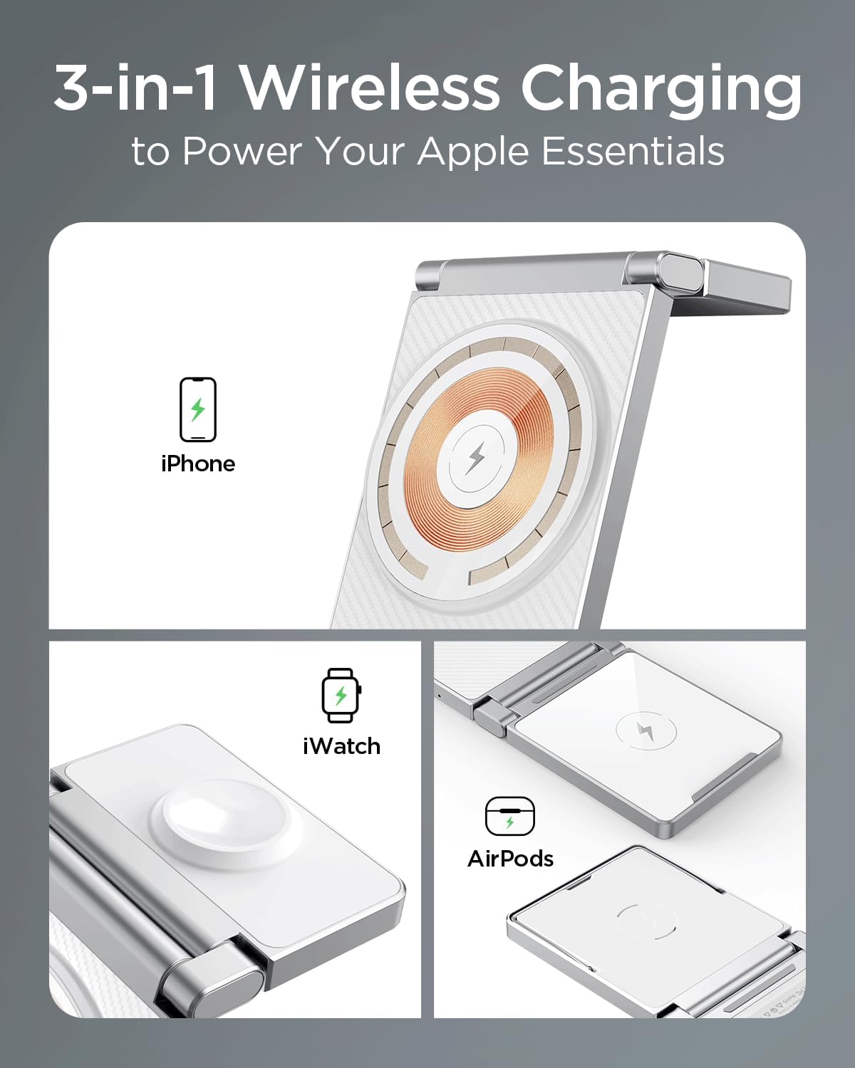 Hohosb – Estación de carga magnética, 3 en 1, plegable, de aleación de zinc, cargador inalámbrico compatible con cargador Magsafe para iPhone