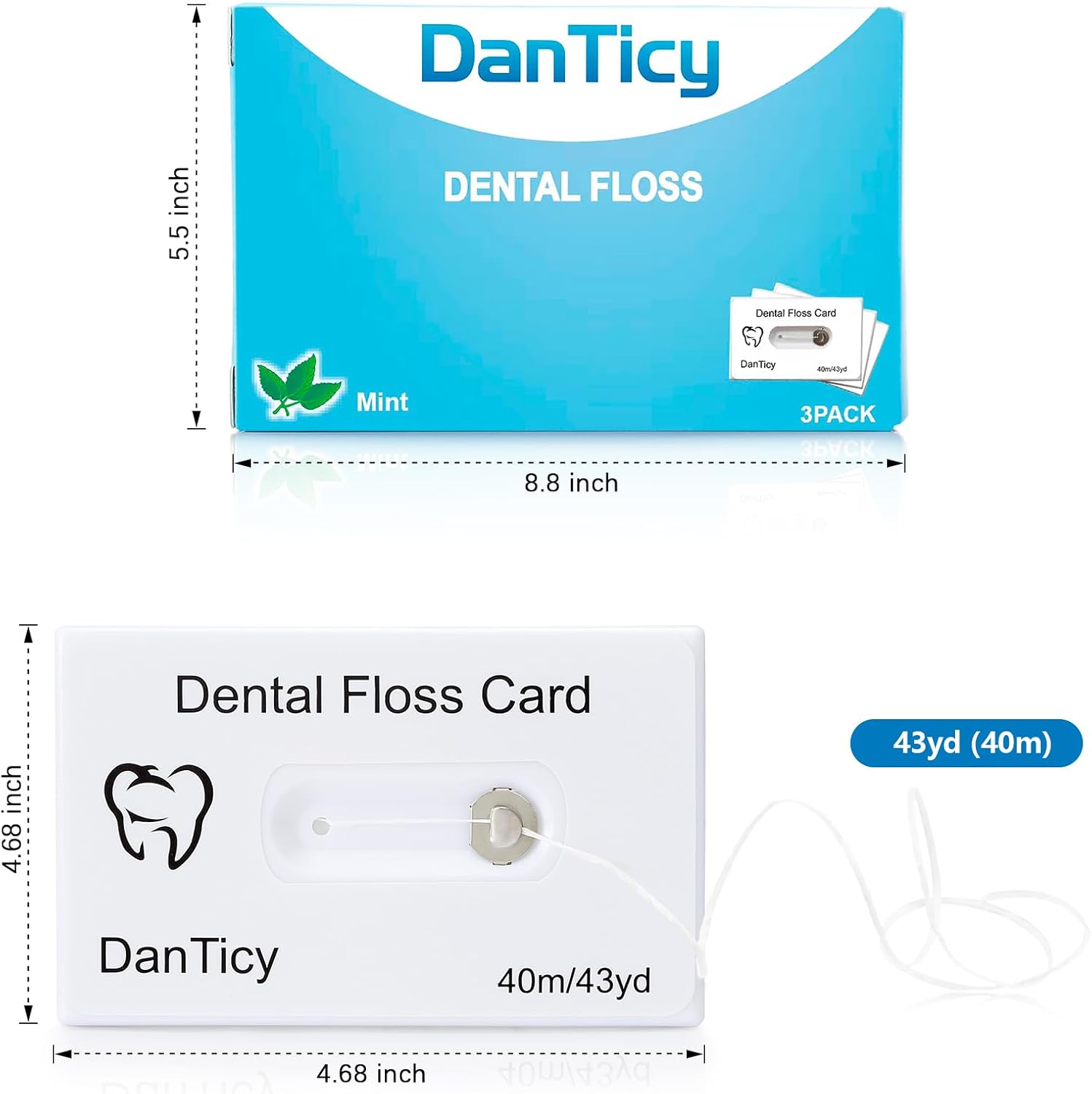 Hilo dental de limpieza profunda encerado en una tarjeta de crédito con espejo, perfecto para personas con espacios estrechos y pequeños entre los
