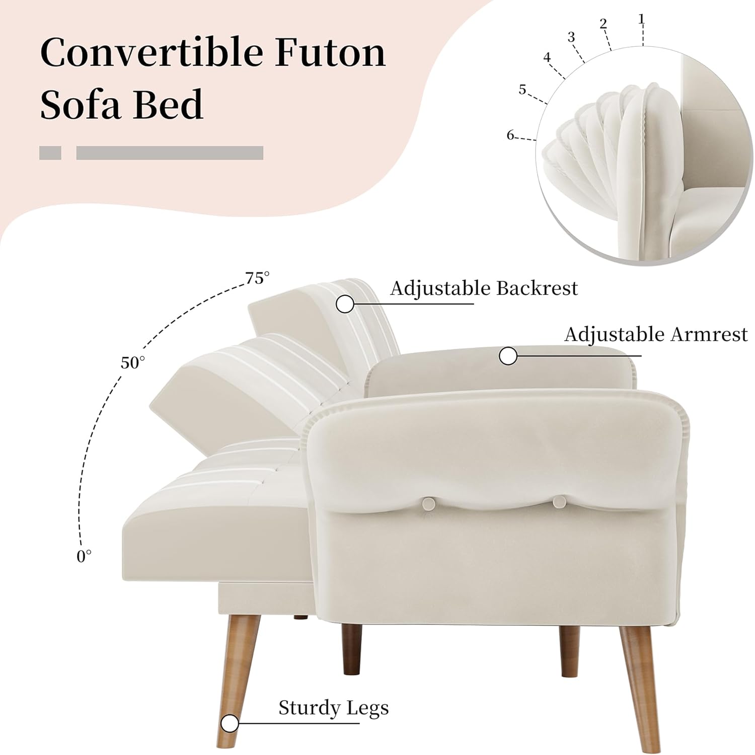 JAMFLY Sofá cama futón de terciopelo de 69 pulgadas, sofá cama convertible con reposabrazos y respaldo ajustables, moderno sofá biplaza para sala de