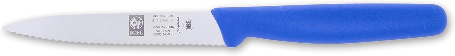 ICEL Cuchillo de pelar de 9 pulgadas, borde dentado, navaja de acero inoxidable alemán de alto carbono, hoja afilada, mango azul
