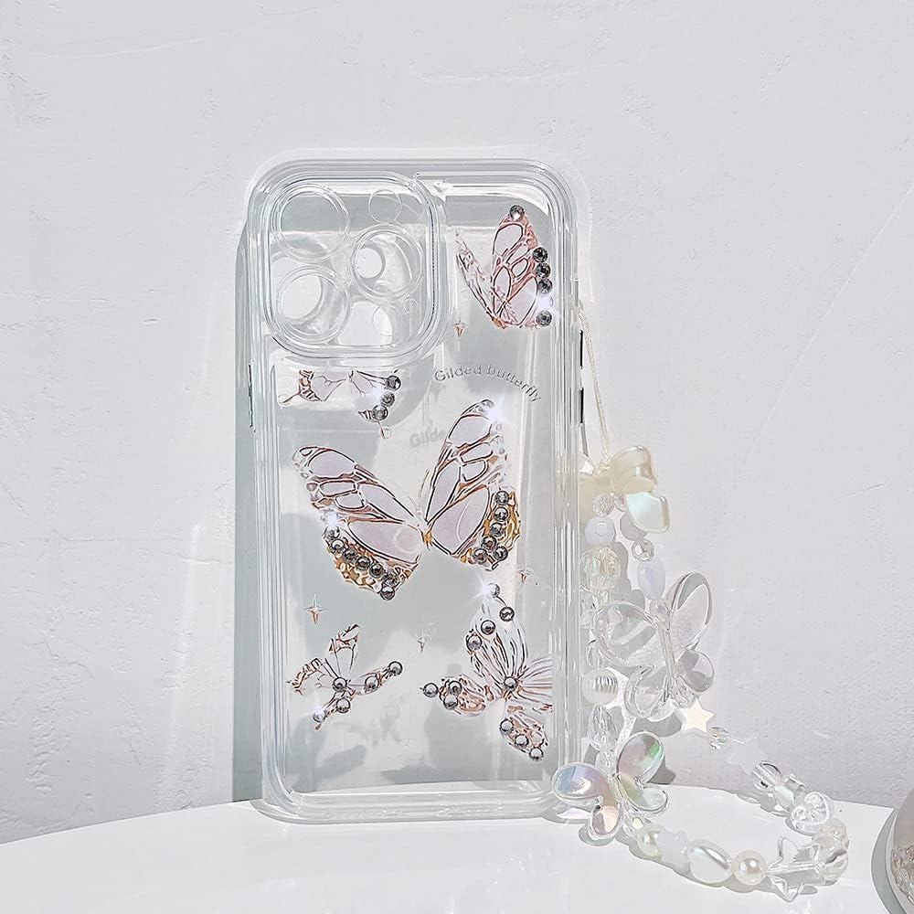 Casechics Compatible con funda para iPhone, de lujo, transparente, con bonito diseño de mariposa, correa para pulsera, cadena, transparente, suave,
