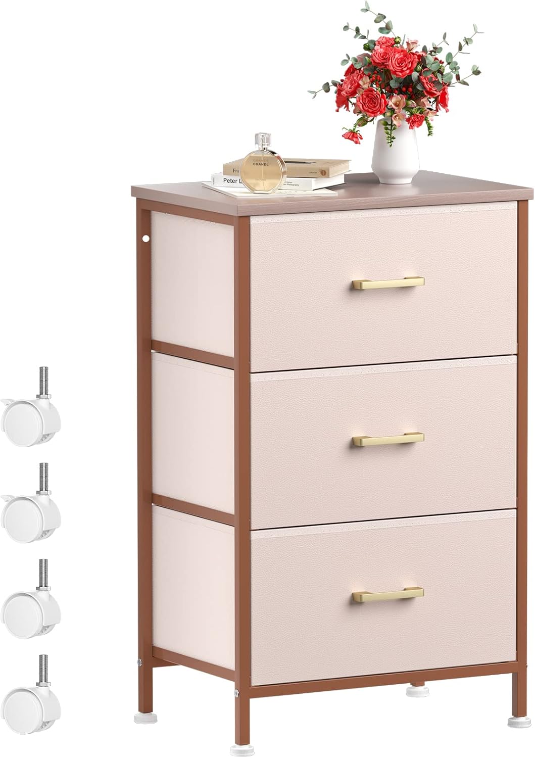 Cómoda para dormitorio, mesita de noche con 3 cajones, cómoda de tela para niños pequeños para organizador de armario, guardería, dormitorio, bonita