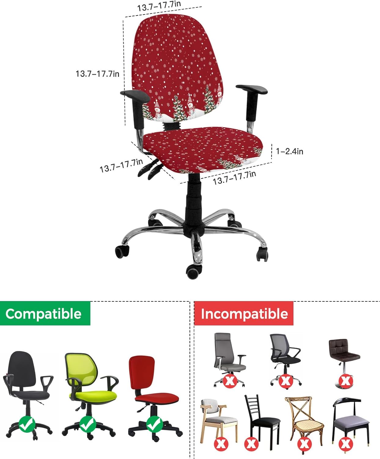 Juego de 2 fundas para sillas de oficina y computadora, diseño de copo de nieve rojo de Navidad, fundas elásticas para asiento de silla giratoria de