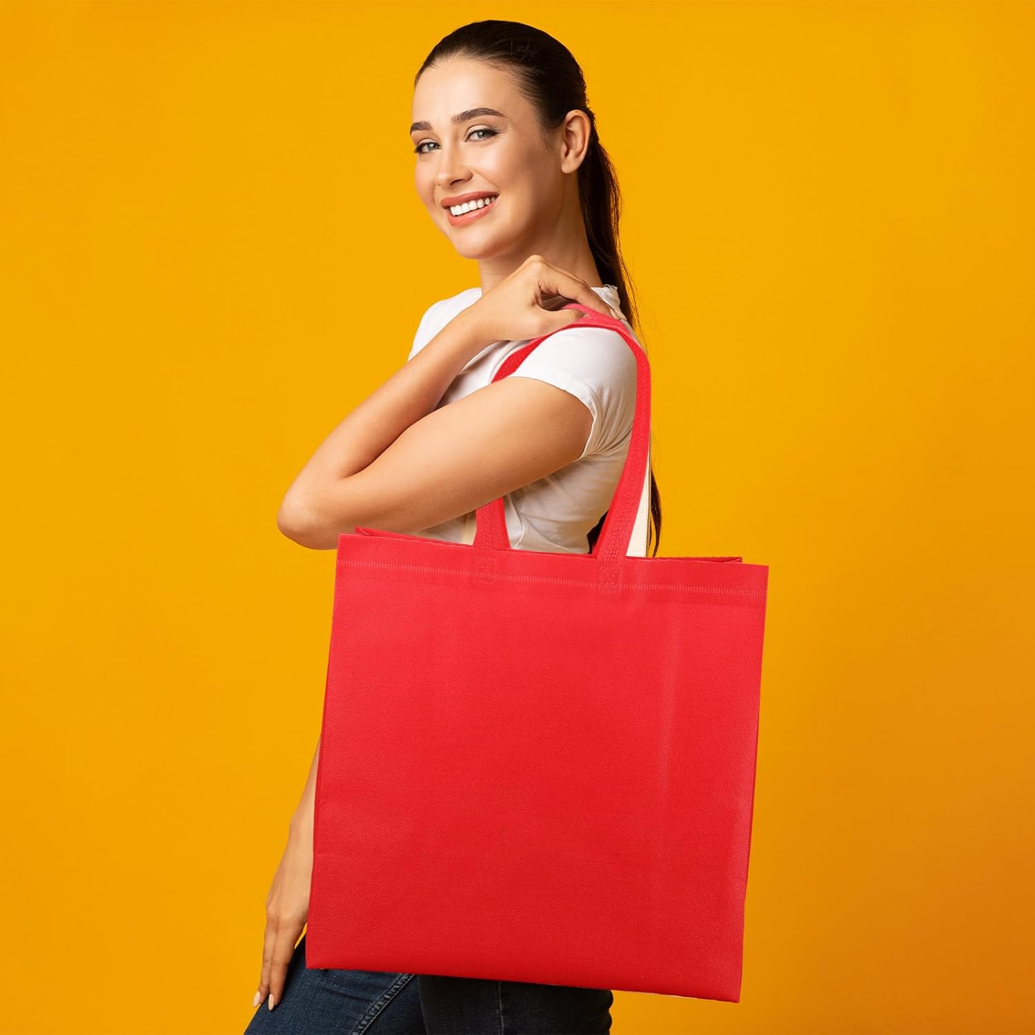 Abbylike 150 bolsas de mano no tejidas grandes reutilizables a granel con asas, bolsas de mano portátiles para compras