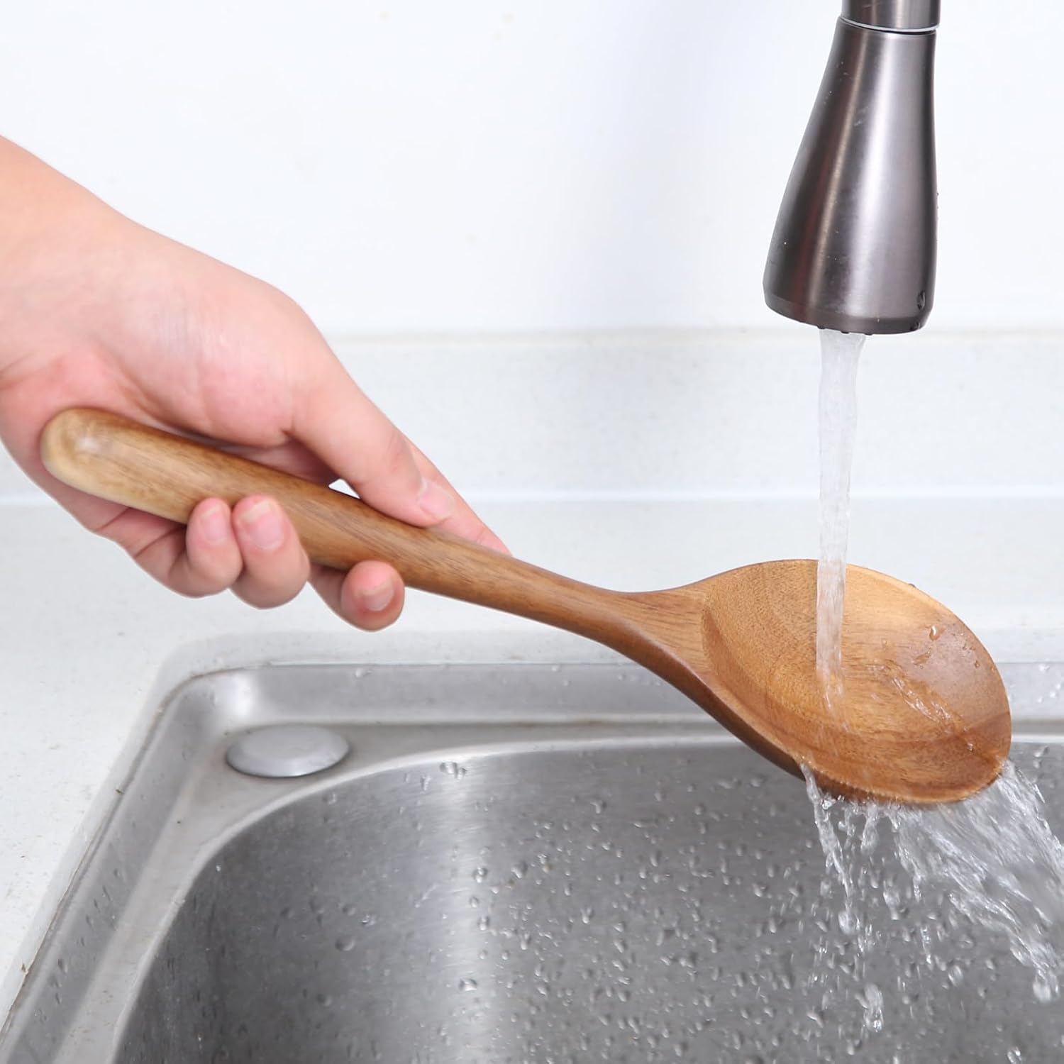 2 cucharas de madera de acacia para cocinar, cucharas de cocina de acabado liso de 12 pulgadas, cucharas de madera de agarre cómodo para cocinar,