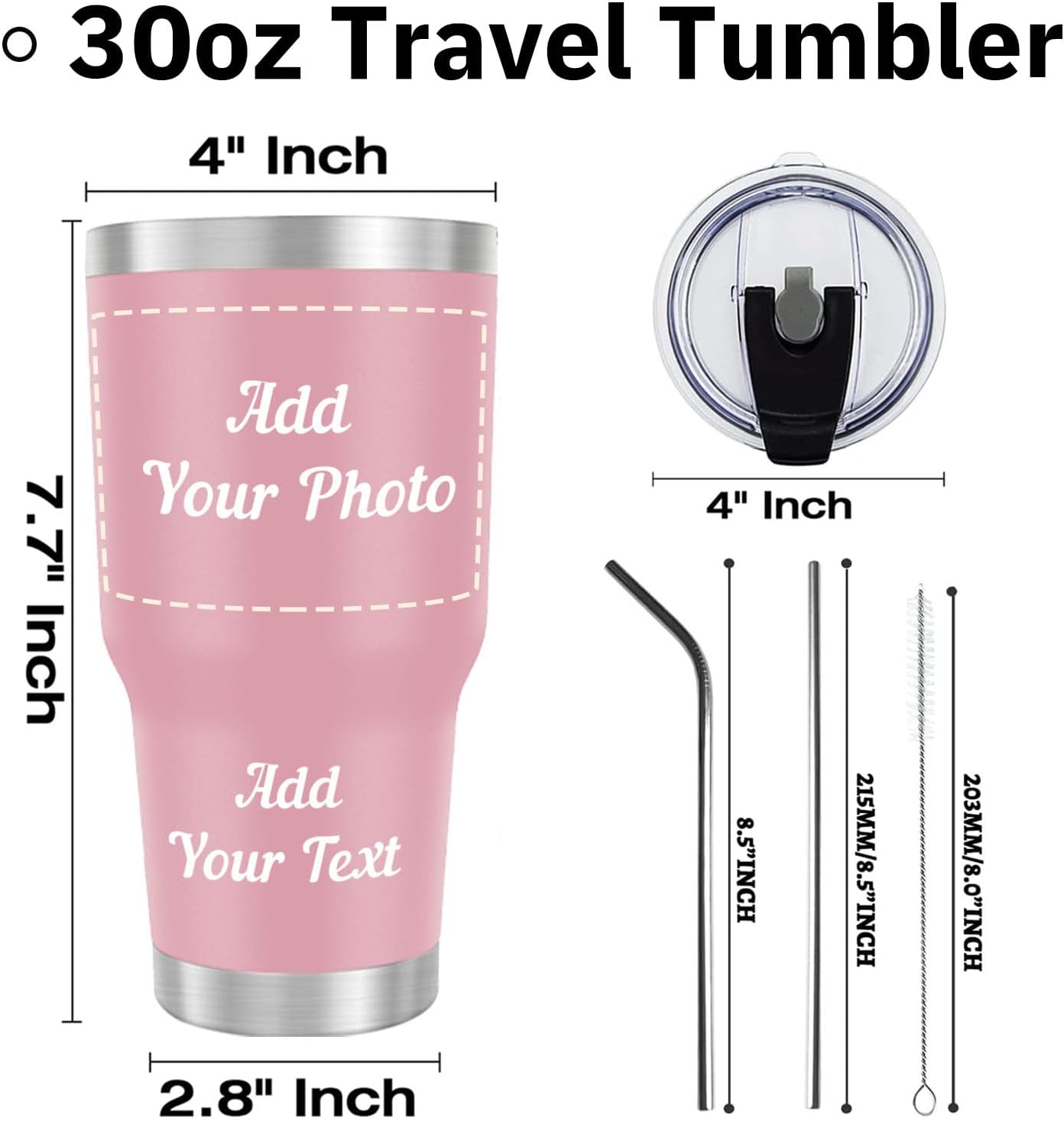 Vasos personalizados con imágenes, vaso de café de acero inoxidable con foto personalizada de 30 onzas con tapa de texto y pajitas, taza de viaje