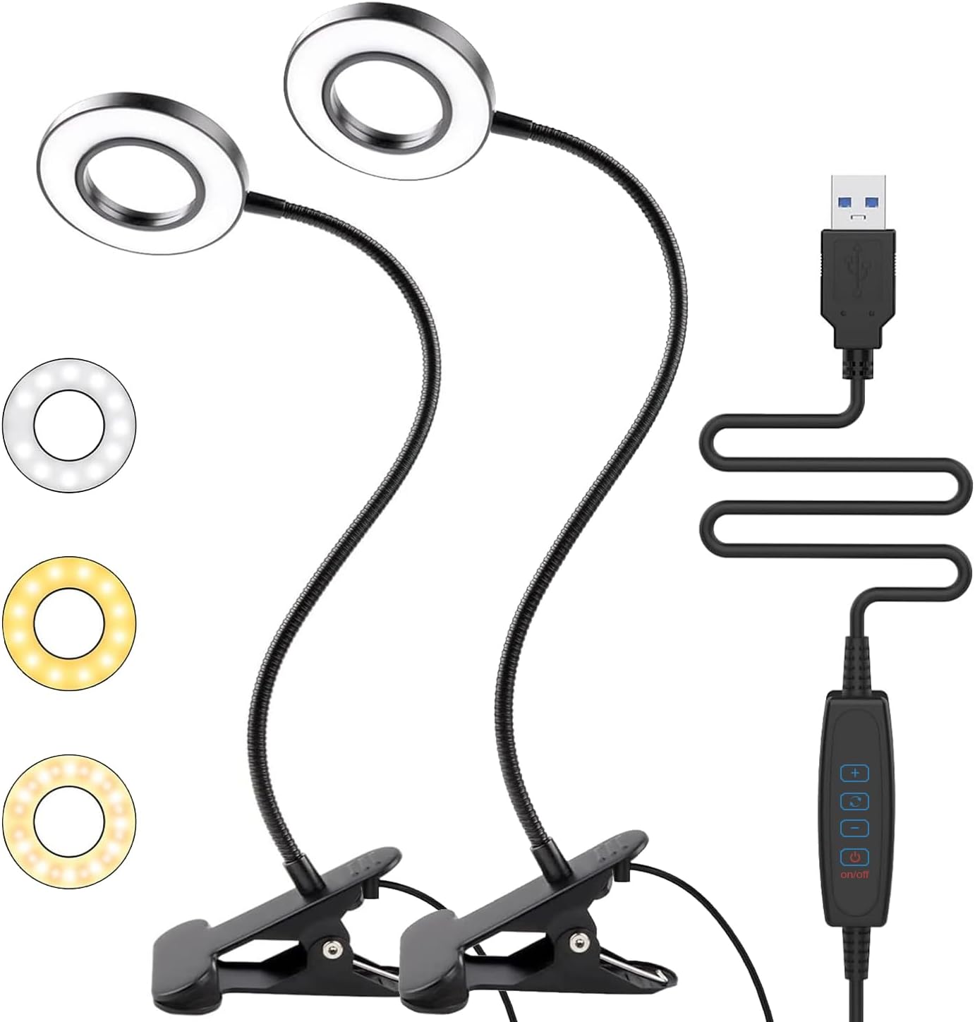 Miady Paquete de 2 lámparas LED con clip para leer en la cama, luces de lectura recargables, 3 modos de color con 10 niveles de brillo, cuello de