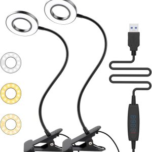 Miady Paquete de 2 lámparas LED con clip para leer en la cama, luces de lectura recargables, 3 modos de color con 10 niveles de brillo, cuello de Miady Paquete de 2 lámparas LED con clip para leer en la cama, luces de lectura recargables, 3 modos de color con 10 niveles de brillo, cuello de