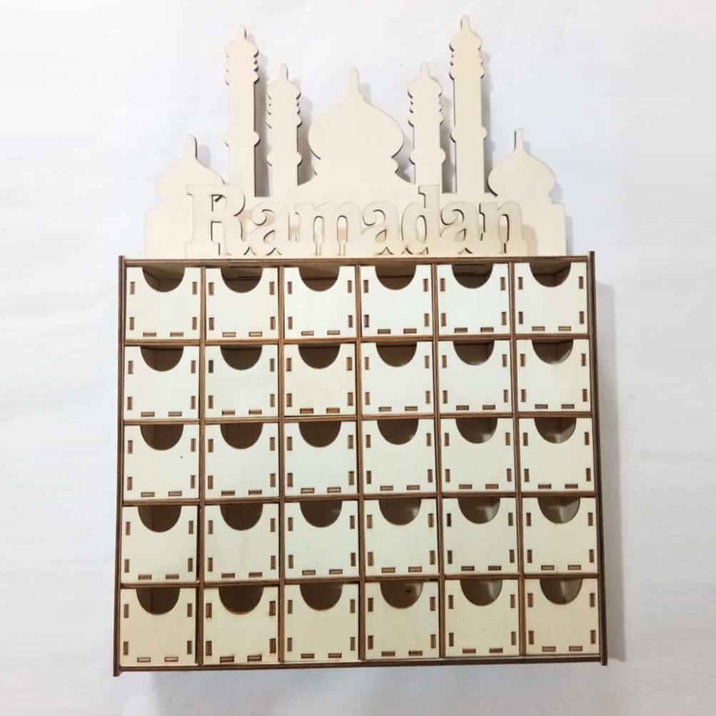 ULTNICE Calendario de Adviento de madera, calendario de cuenta regresiva de Eid Mubarak, cajón de madera, decoración de Ramadán musulmán para