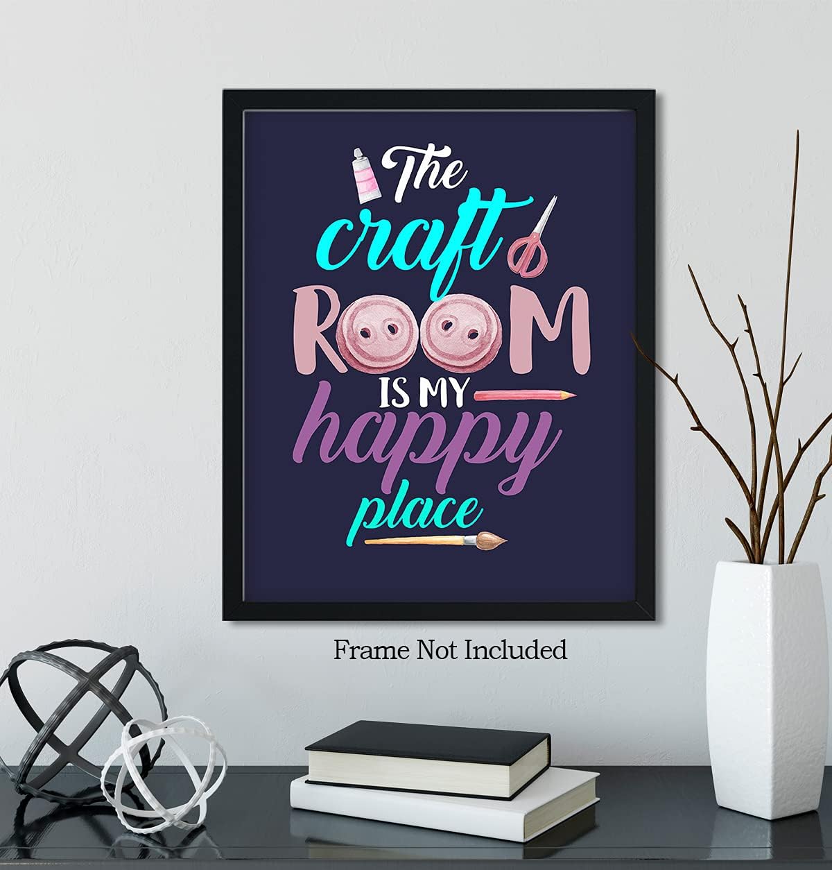 Govivo The Craft Room Is My Happy Place – Una bonita decoración de pared para sala de manualidades con un fondo azul oscuro, obra de arte sin marco