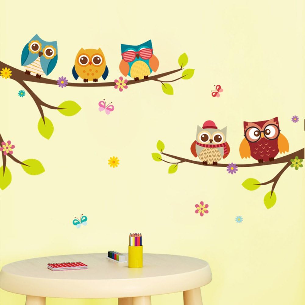 Calcomanías de pared extraíbles de dibujos animados de 9 búhos familiares en ramas de árbol, mural despegar y pegar, decoración del hogar para tus