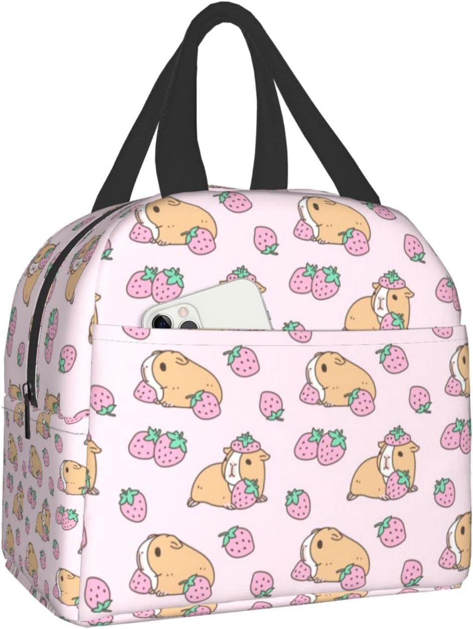 Caja de almuerzo con diseño de conejillo de indias rosa y fresa Bento bolsa de viaje picnic cajas de asas aisladas contenedor duradero bolsa de