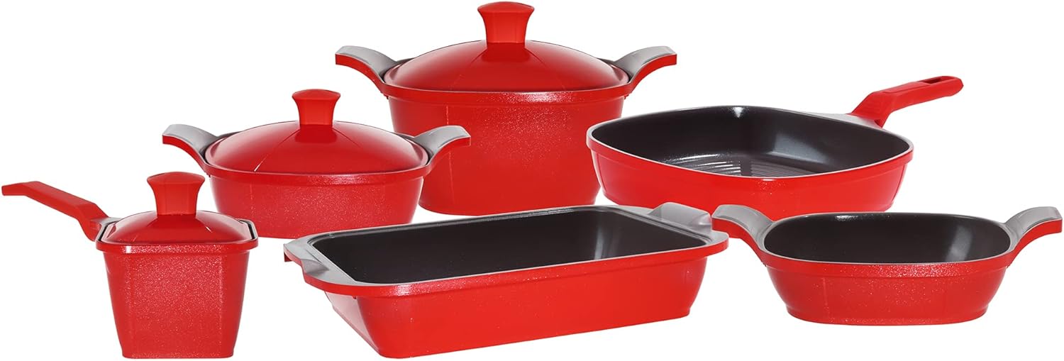 Luxury Cast Aluminum Complete “Cookware Set”  Premium Design  – Nonstick, All Stovetops (Matrix) (Induction) (11 Pcs – Ceramic Red)