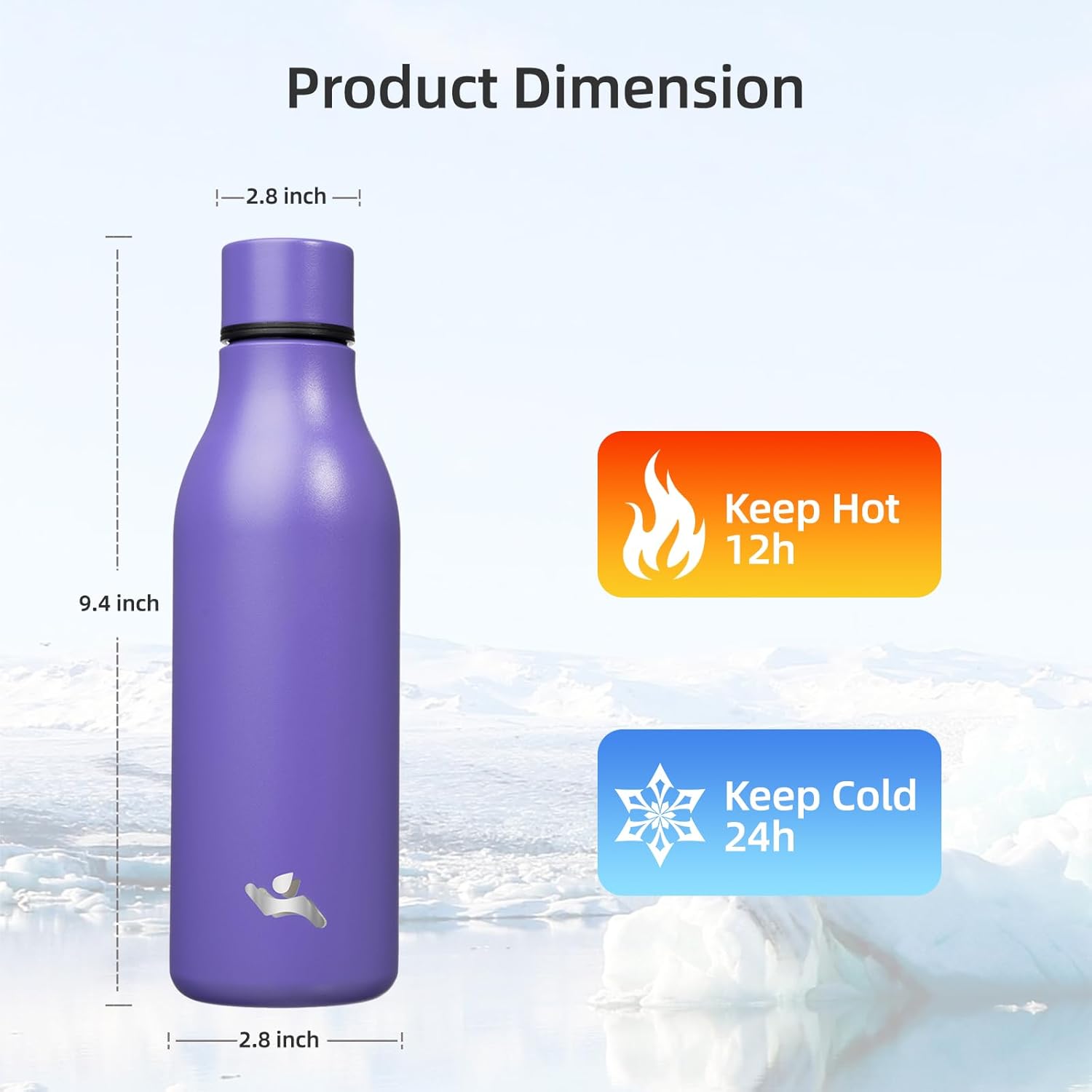 Botella de agua aislada con correa, botellas de acero inoxidable de doble pared de 18 onzas, botella de agua de metal, morado
