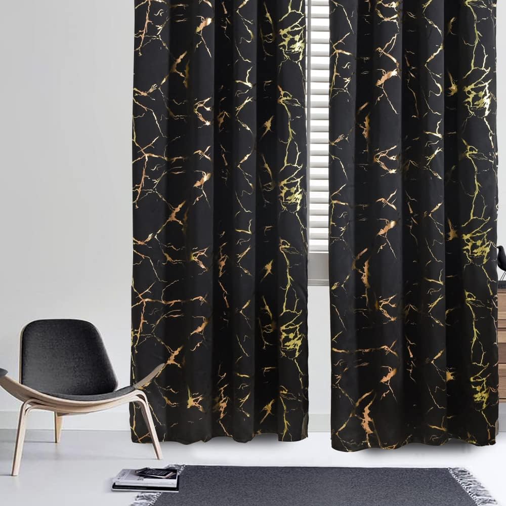 Holawakaka Cortina opaca con ojales de mármol con purpurina metálica dorada para sala de estar, dormitorio, habitación de invitados, decoración del