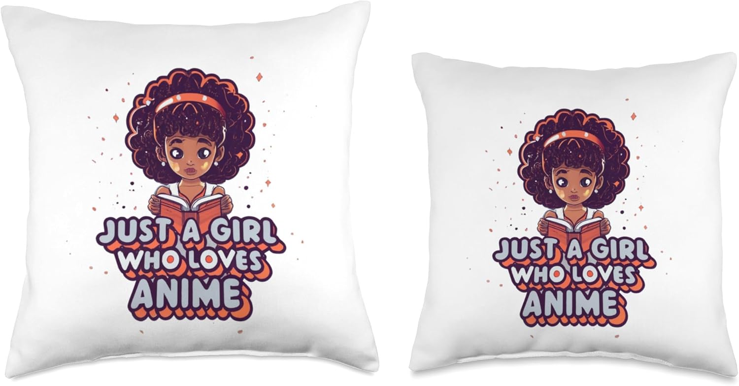 African American Anime Just a girl who loves Anime Just Loves Anime Black Afro Girl Throw Pillow, 18×18, Multicolor
