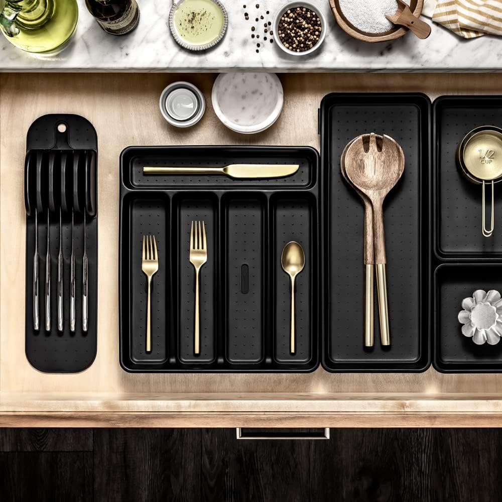 Madesmart Tapete clásico de almacenamiento para cuchillos pequeños de 5 ranuras para cajones, bloque de cuchillos de cocina de agarre suave, carbono