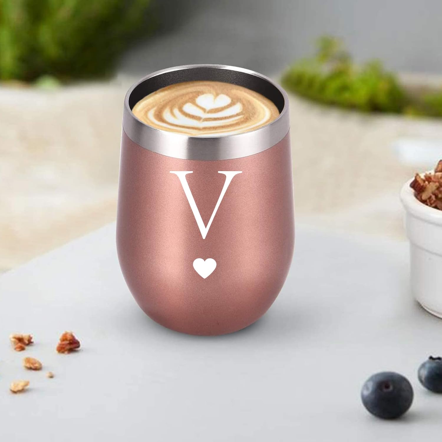 Regalos iniciales personalizados, vaso de vino de acero inoxidable de 12 onzas con cepillo para pajilla, taza insultada de oro rosa, regalo de boda,