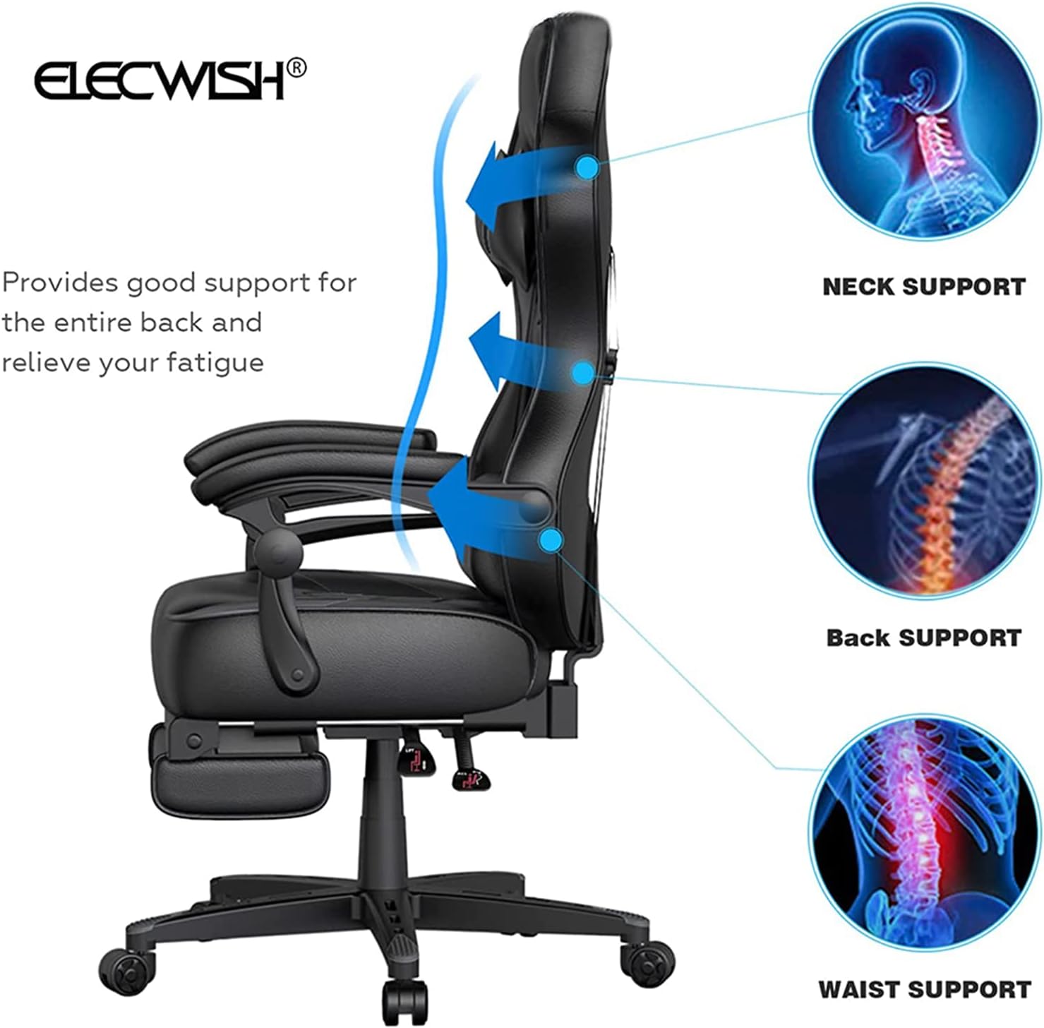 ELECWISH Silla de juegos de computadora con reposapiés, silla de jugador de respaldo alto, tamaño grande, ergonómica, ajustable, giratoria,