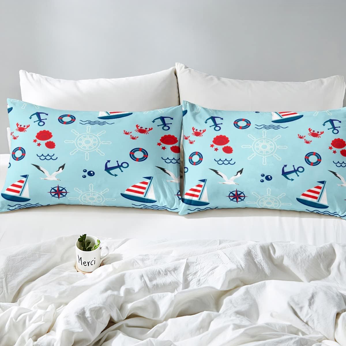 Homewish Anchor Fitted Sheet Twin,Sailboat Nautical Bedding Set 2pcs for Kids Teens Boys Girls Room Decor,Crab Seagull Bed Cover Ocean Blue Bed