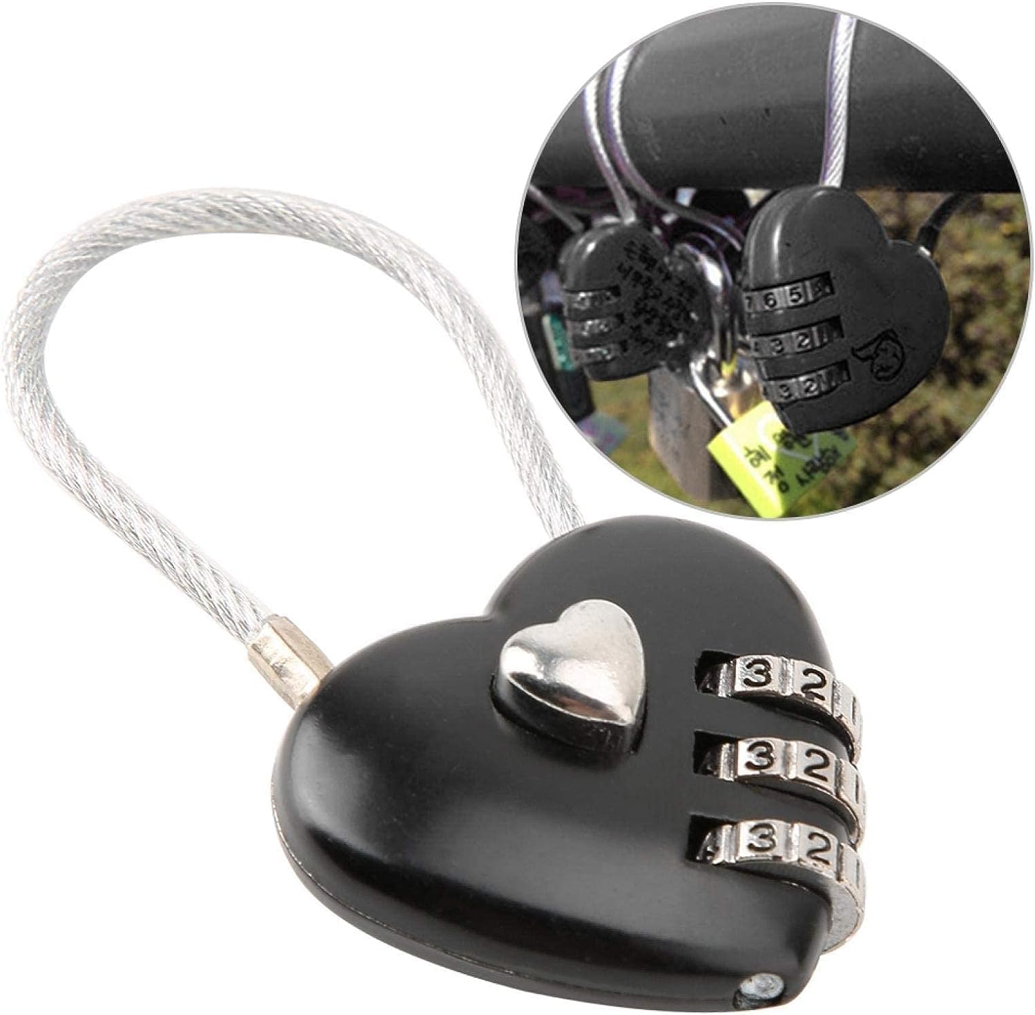 Cerradura de código en forma de corazón negro, tamaño mini compacto con combinación de código de 3 dígitos para equipaje, mochila, joyero, candados