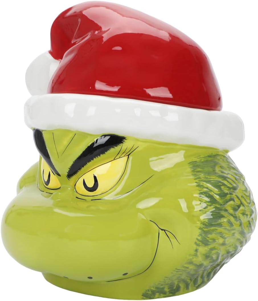 Bioworld La cabeza del personaje del Grinch con el sombrero de Papá Noel esculpido tarro de galletas de cerámica