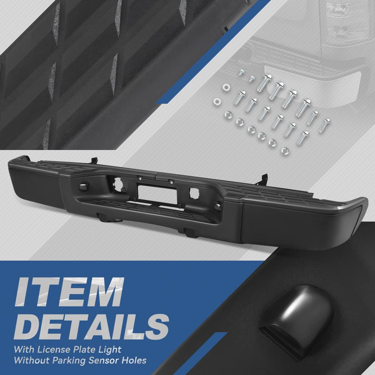 Auto Dynasty Agujeros para sensor de estacionamiento Protector de parachoques trasero con luces de matrícula compatible con Silverado Sierra 1500