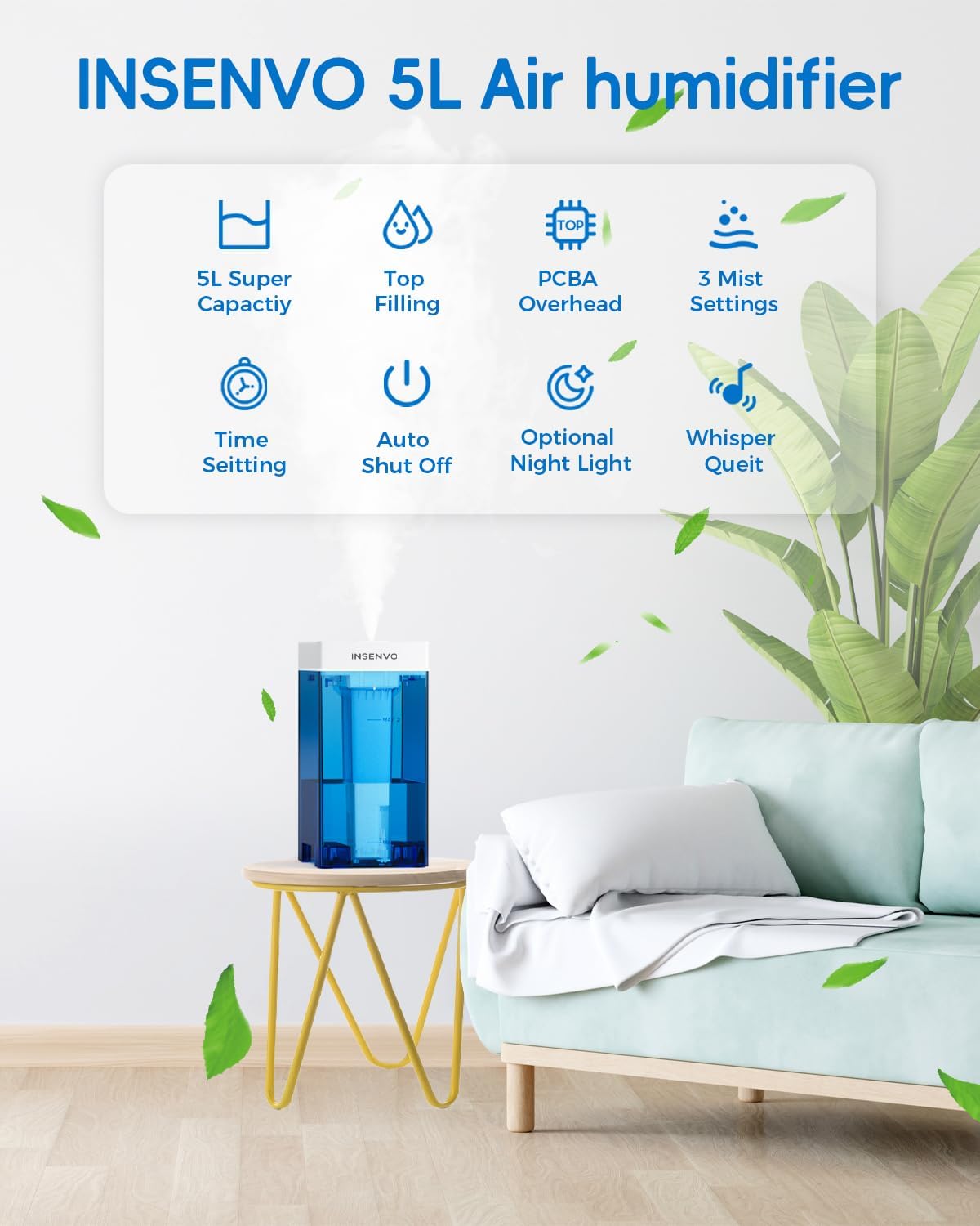 Humidificador de llenado superior, humidificador de niebla fría de 5 litros con control táctil, ultrasónico ajustable 3 salidas de niebla, 3
