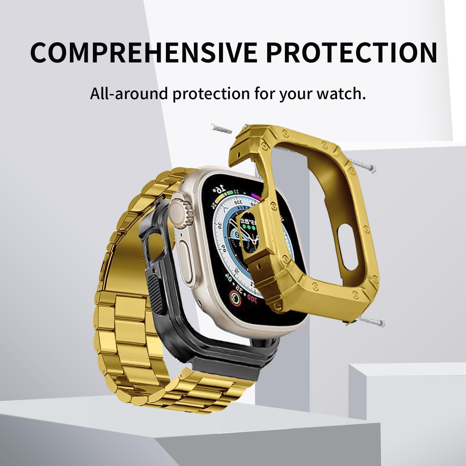 Compatible con Apple Watch Case Band Iwatch Ultra Series 987654SE, 1.731.751.75 pulgadas, correa protectora de acero inoxidable sólido, grande,