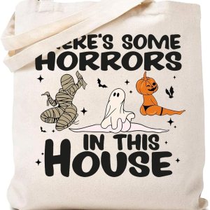Bolsa de lona de Halloween para mujer, con texto en inglés “There Some Horrors in this House”, bolsa de compras ecológica Bolsa de lona de Halloween para mujer, con texto en inglés “There Some Horrors in this House”, bolsa de compras ecológica