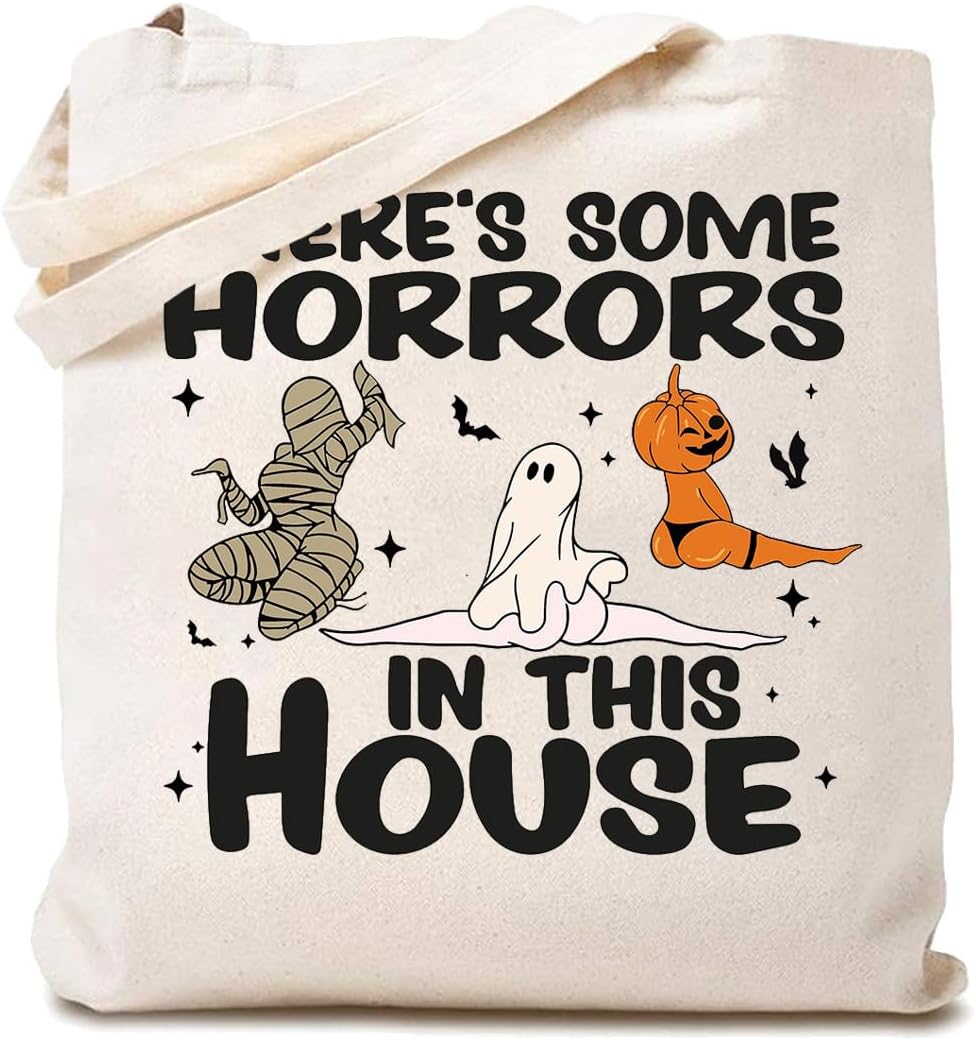 Bolsa de lona de Halloween para mujer, con texto en inglés “There Some Horrors in this House”, bolsa de compras ecológica