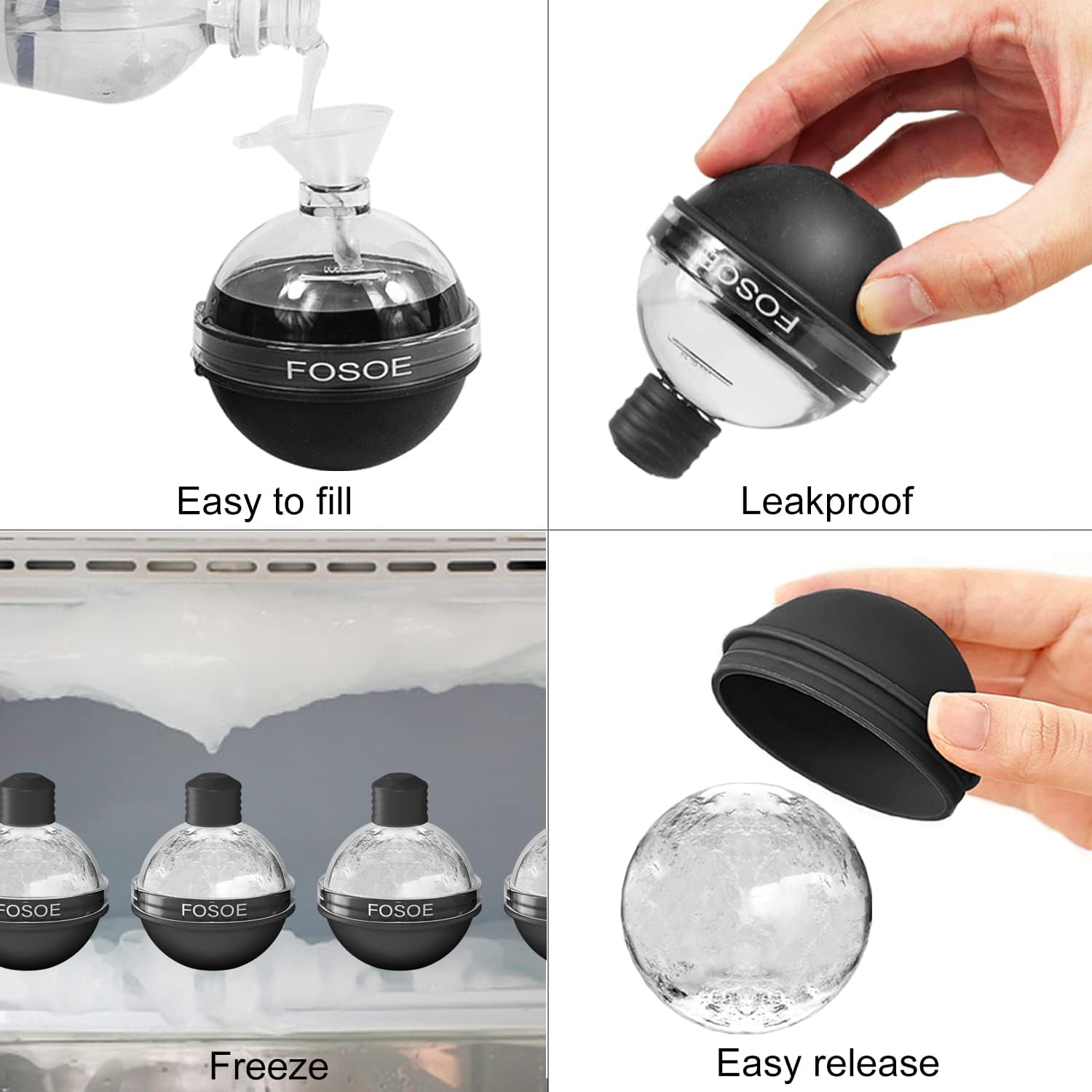 Moldes de silicona para bolas de hielo para whisky, juego de 4 fabricantes redondos con tapas para cócteles, bourbon y bebidas